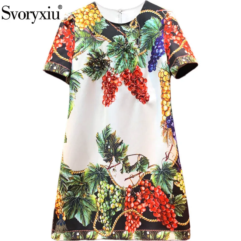 

Svoryxiu Fashion Runway Summer Grape Print Dress Women's Short Sleeve Beaded Sequins Party Elegant Short Dresses Vestdios
