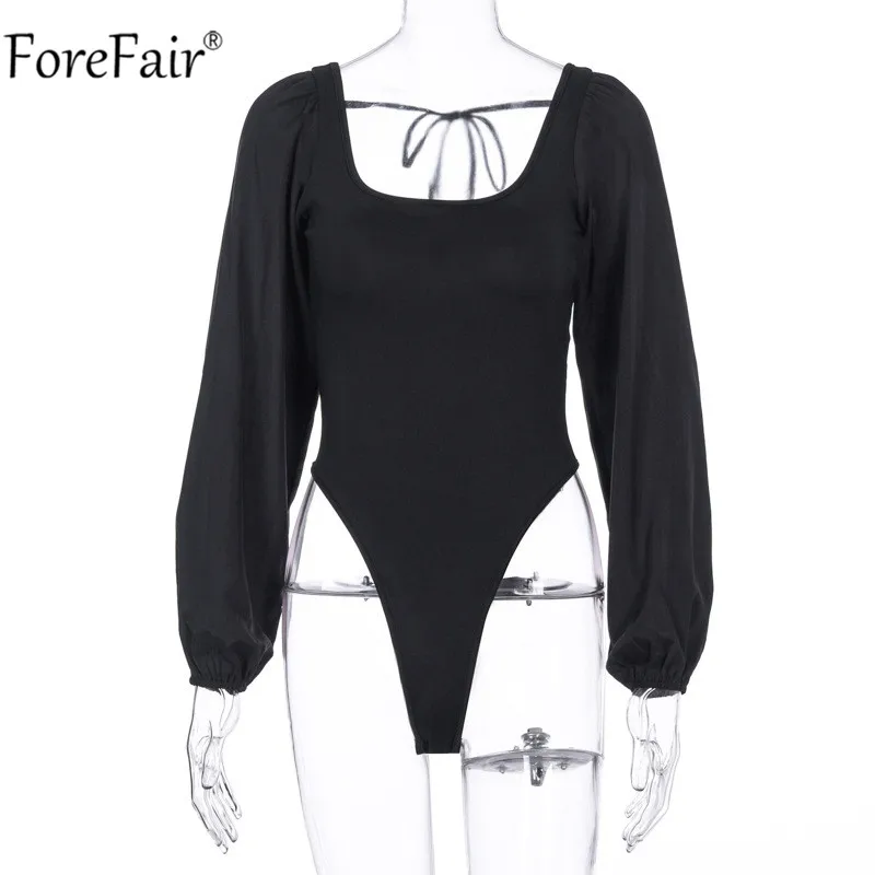 Женское боди с квадратным вырезом Forefair черный комбинезон длинными рукавами и