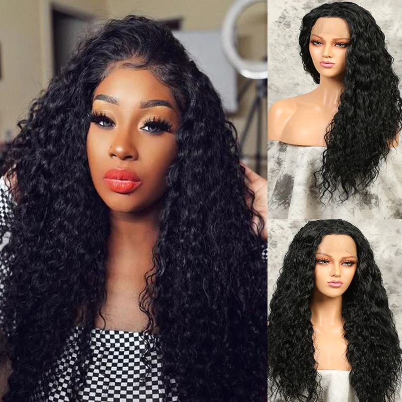 

Long Curly Synthetic Lace Front Wig For Black Women Black 1B Color Long Straight Hair Wigs side Part Heat Resistant