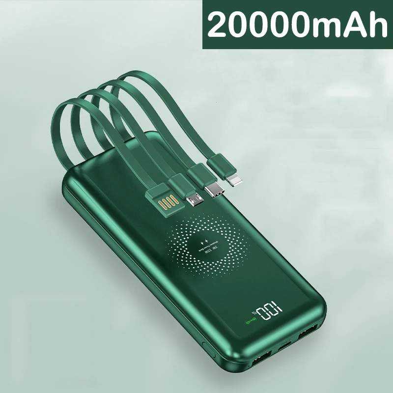 

Внешний аккумулятор с кабелем для iPhone 12, Samsung S21, Xiaomi, 20000 мАч