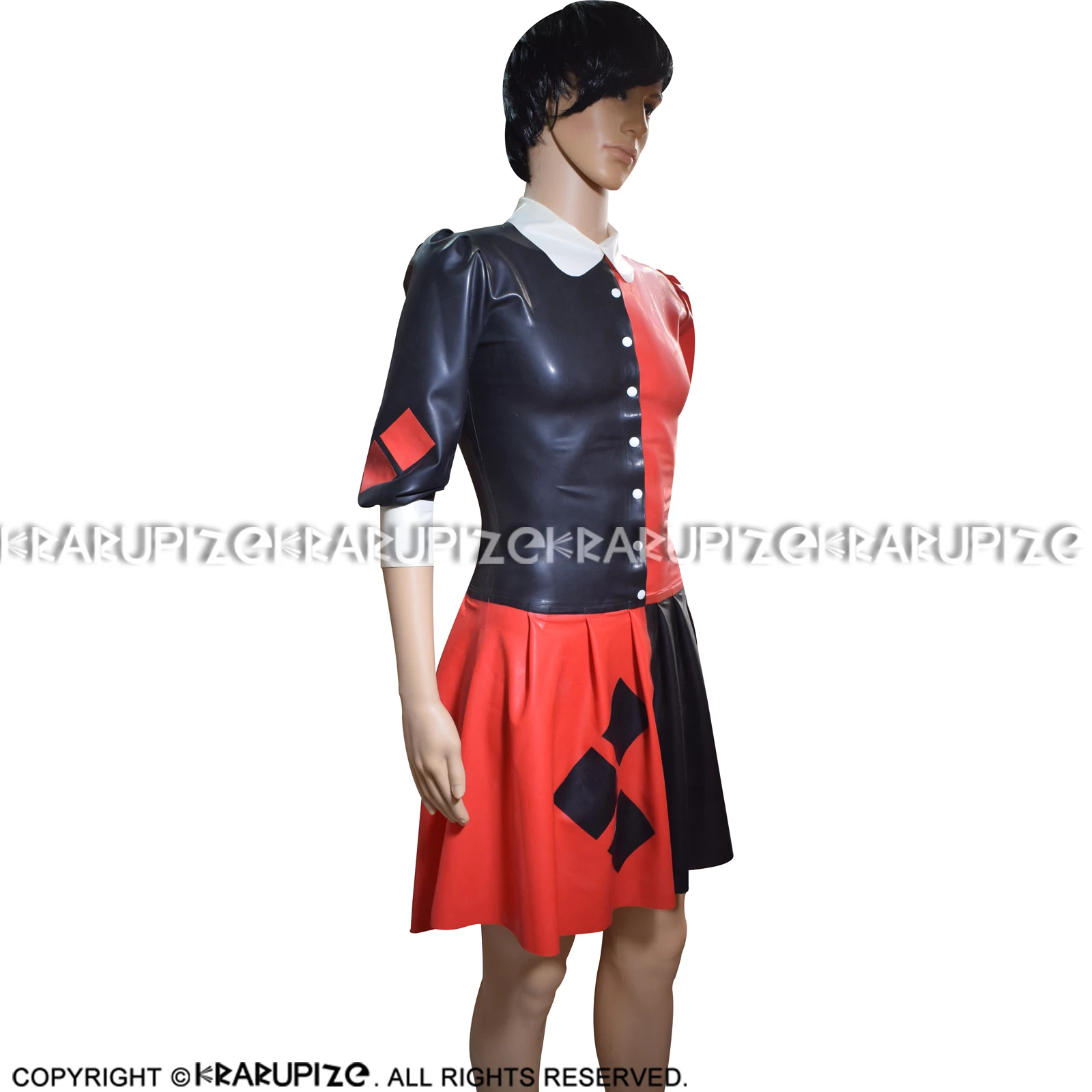 Сексуальное латексное платье клоун с пуговицами спереди отложным воротником