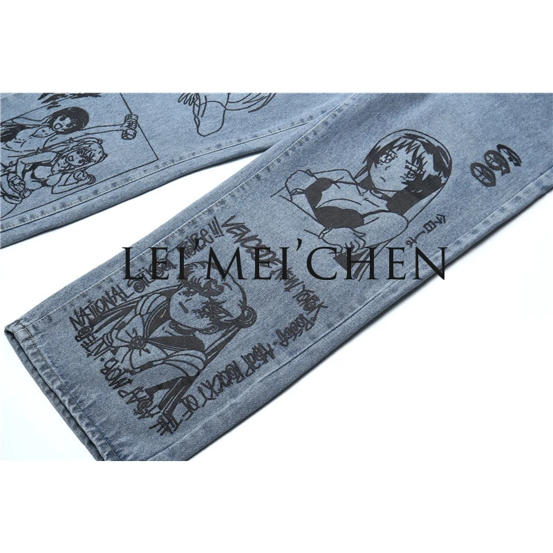 

LEIMEICHEN Cartoon Printed Jeans Men's BF Harajuku Fashion Brand Street Casual Fashion Graffiti Loose Blue Jeans N1163