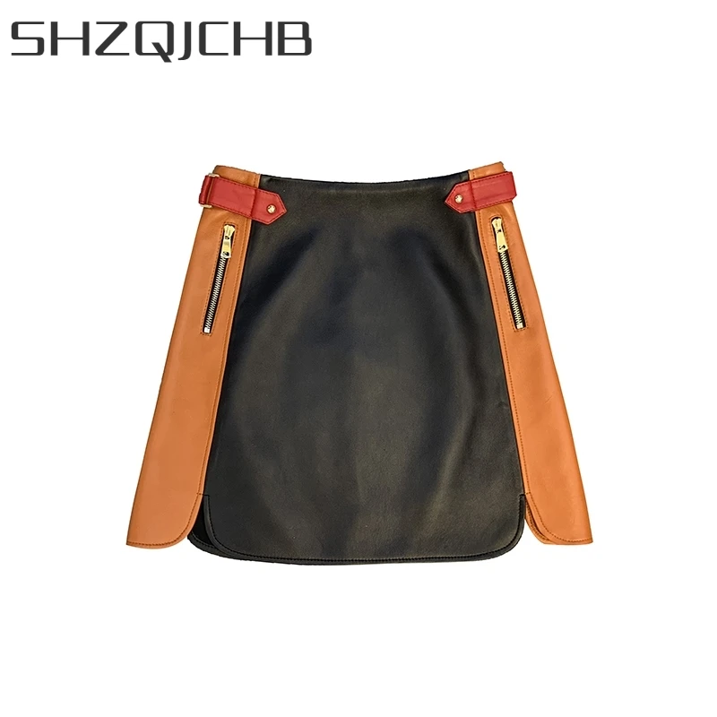 

JCHB 2021 Women Spliced High Waist Sexy A-Line Skirt Autumn Punk Biker Genuine Leather Mini Skirt Streetwear Zipper Black Short