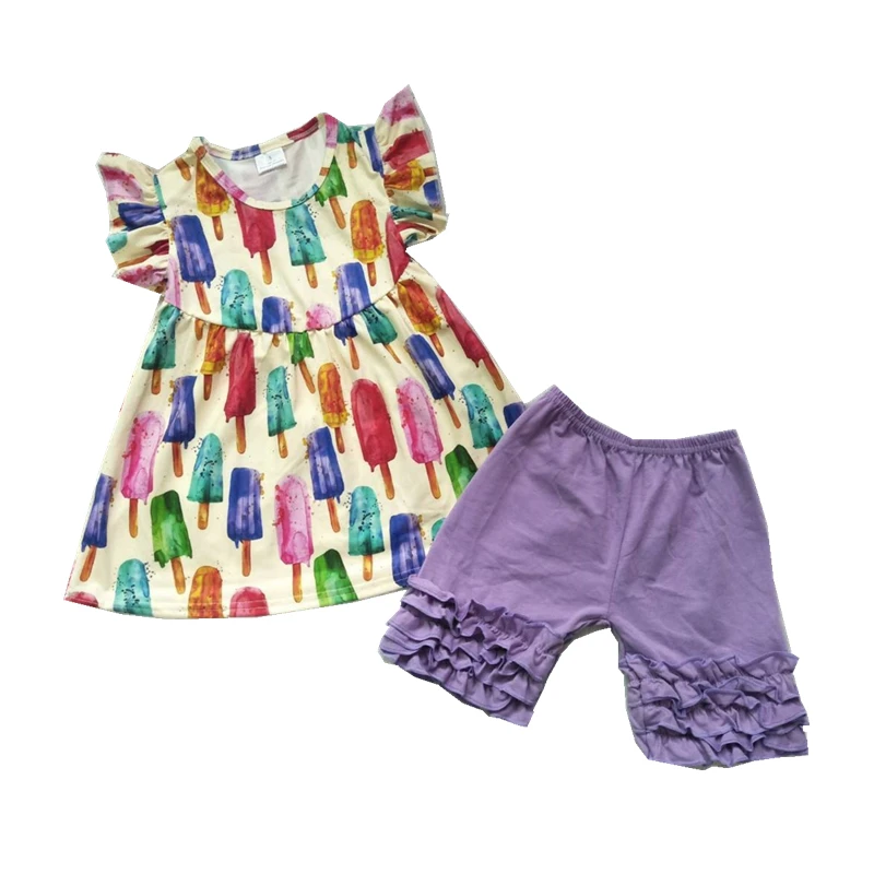 

2020 New Children Summer Wear Girls 2 Pieces Outfits Solid Shorts Match Flutter Sleeve Popsicle Print Shirts Kids Clothes