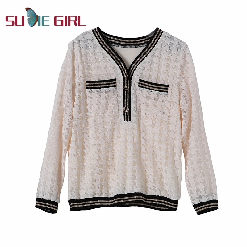 

SUDIE Girl 2020 spring new fashion women's sexy casual long-sleeved V-neck lace shirt with small fragrance