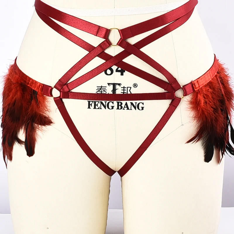 

Red Feather Harness Garter Belt Cage Elastic Adjust Waist Stockings Suspender Belts Strap Bondage Goth Fetish Rave