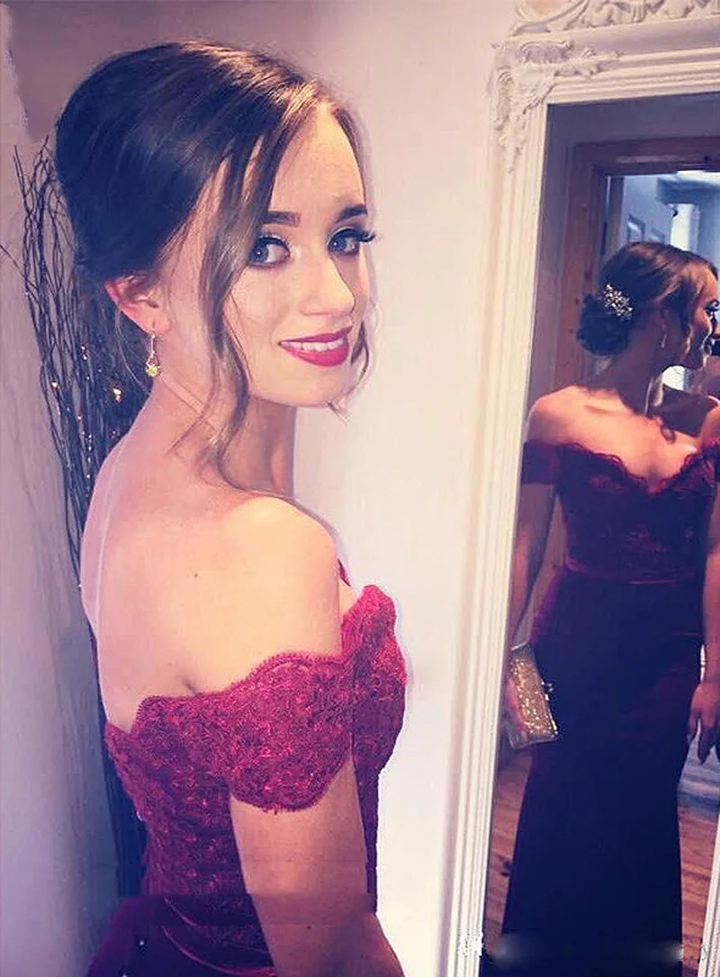

2021 New Bridesmaid Dresses Off Shoulder Mermaid Burgundy Wedding Party Prom Evening Dresses Elastic Satin Zipper Button Back