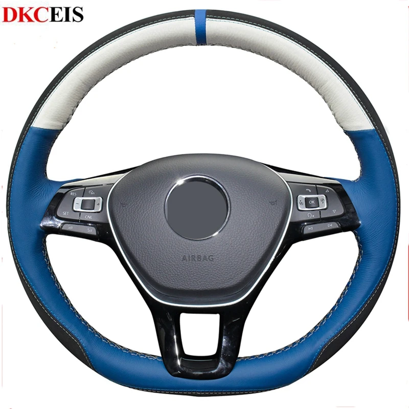 DKCEIS бело синяя мягкая замшевая накладка на руль из натуральной кожи для Volkswagen VW New