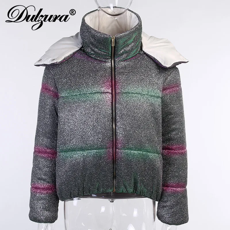 

Dulzura Bling Glitter Sparkle Women Padded Jacket Hoodie Crop Coats Zipper Loose Outwear Streetwear 2020 Winter Warm Thick Korea