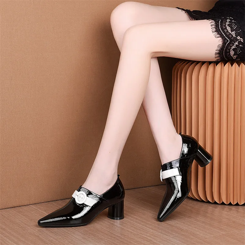 

ANNYMOLI High Heels Women Pumps Natural Genuine Leather Buckle Round High Heels Shoes Cow Leather Pointed Toe Shoes Female 34-41