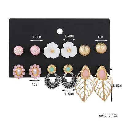 

6/12 Pair Of Korean Bohemian Lady Alloy Pearl Flower Ear Studs Set Geometric Retro Ethnic Style Earrings Party Jewelry Gift