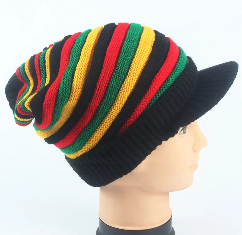 Зимняя Мужская и Женская Полосатая красная желтая зеленая Bob Marley Reggae модная новая шерстяная Радужная вязаная шапка ямайская облегающая шапка