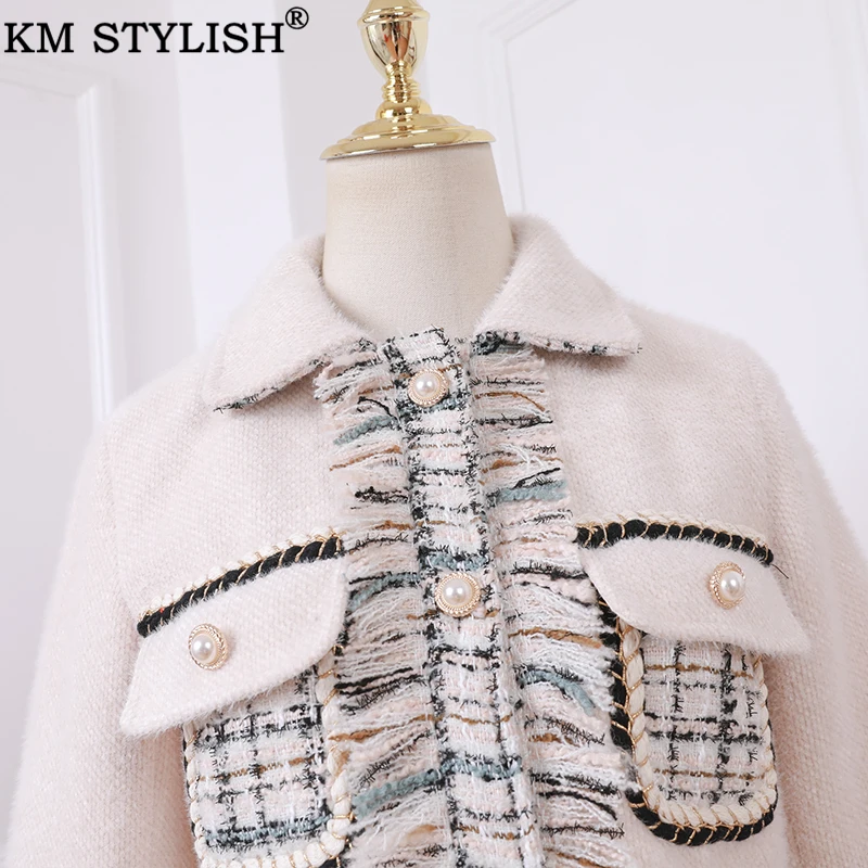 Женский твидовый комплект KM Осень-зима 2019 украшенный жемчужинами пуговицами