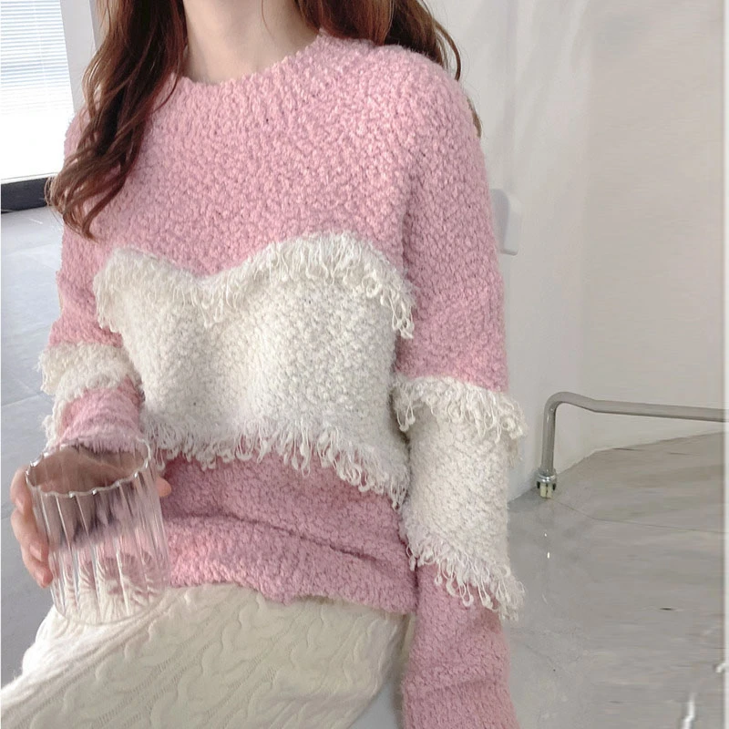 Женские свитера с круглым вырезом и бахромой в стиле пэчворк розовый женский
