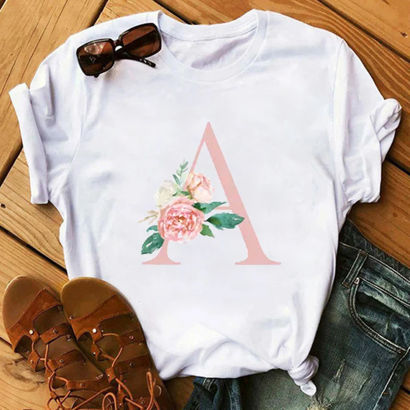 

FIXSYS Pink 26 Letters Flower Print WomenT-shirts Summer New Fashion Casual Female Short Sleeve Cotton T-shirt