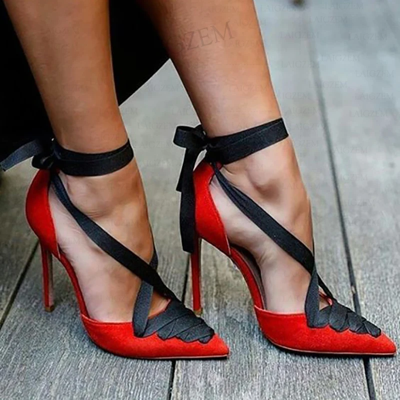 

SEIIHEM Women Heels Pointed Toe Lace Up Pumps Thin High Heels Party Show Ladies Zapatos Mujer Shoes Woman Large Size 41 43 45 47