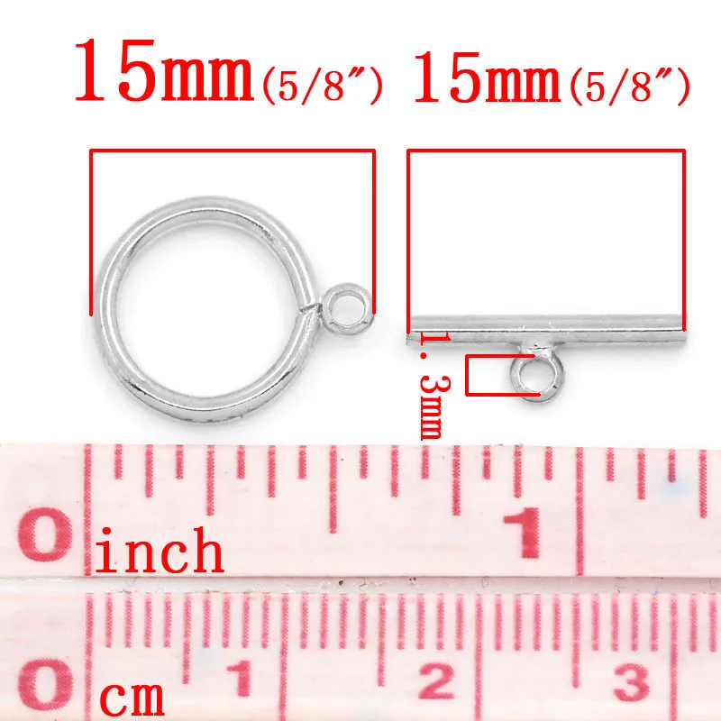 DoreenBeads медные застёжки тогл круглые Серебристые цвета 15 мм x 12 (5/8 &quotx 4/8&quot) 4 5 1/8&quot)