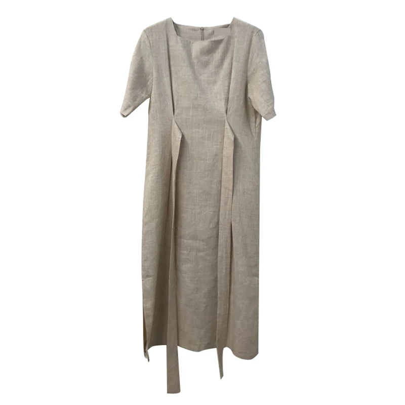 Платье женское летнее из хлопка и льна с круглым вырезом коротким рукавом |