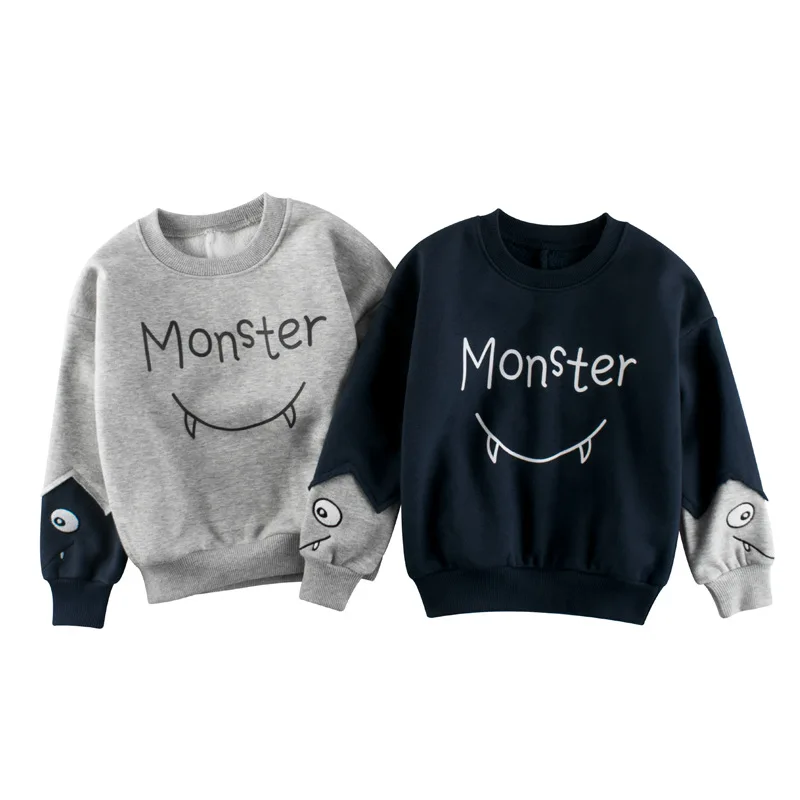 

Children's Fleece Unhooded Sweater Baby Cartoon Letter Pullover Boy Fall/Winter Clothes Kid's Long-Sleeved Shirt Blue-Gray