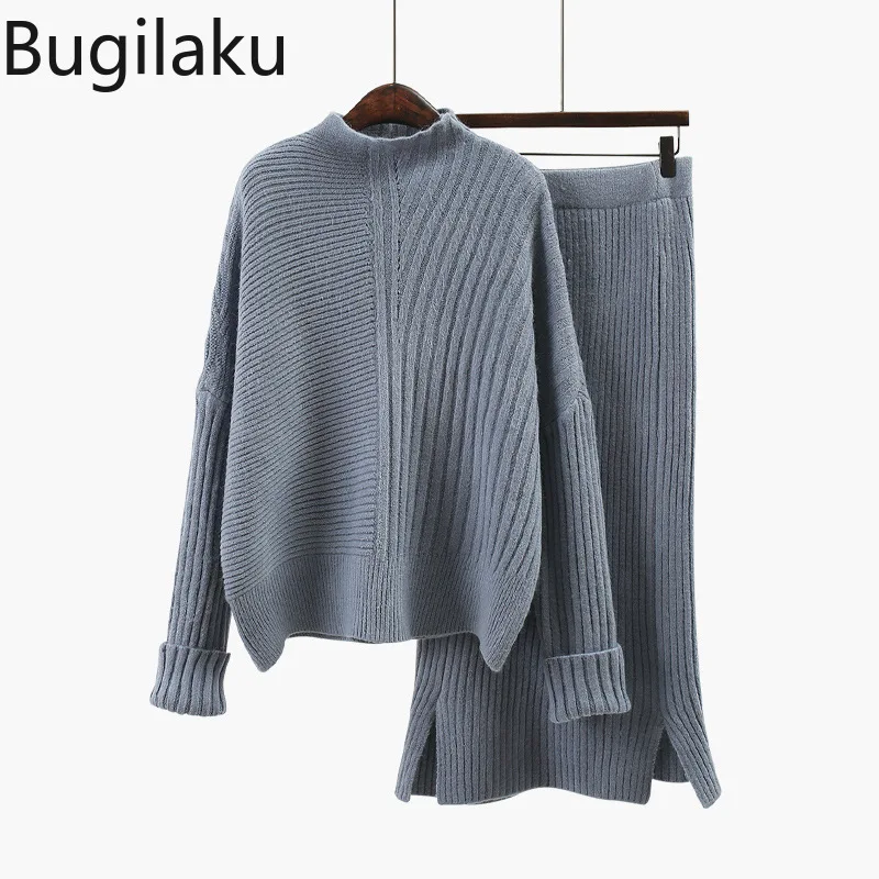 

Bugilaku Office Lady Temperament Solid Color Loose Turtleneck Straight Mid-calf Dress Sets Casual Knitted Two Piece Set Women