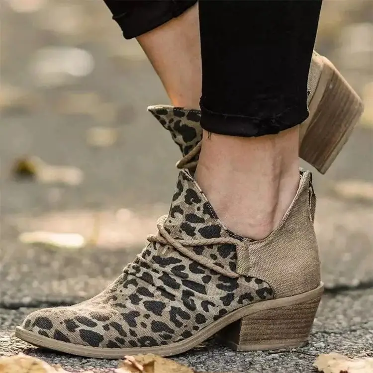 

Women Footwear Autumn Leopard Canvas Shallow Ankle Boots 2022 Casual Ladies Zip Mid Heels Pointed Toe Female Woman Flats Shoes