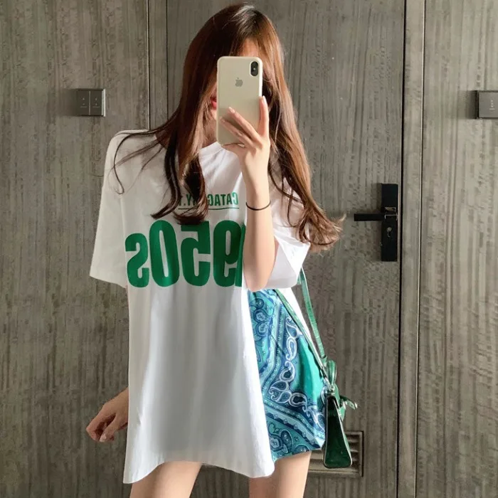 

Женская футболка с коротким рукавом, свободный пикантный Топ средней длины с индивидуальным принтом и разрезом, лето 2021