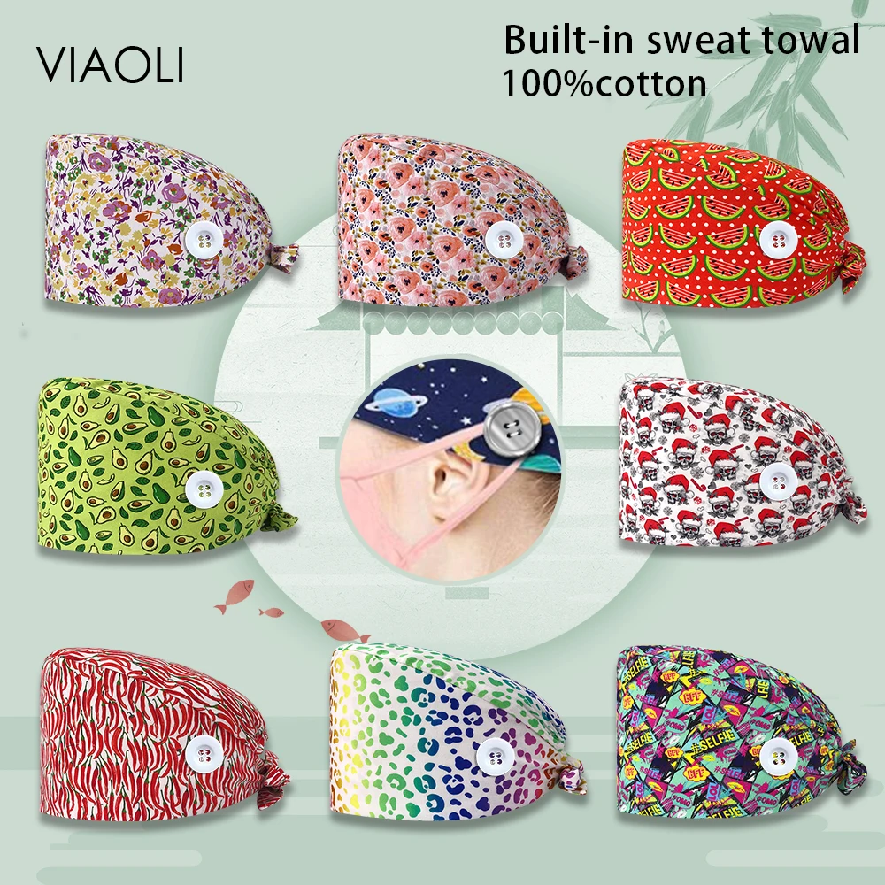 

Surgical Anti-Dirty Pure Cotton Caps With Button spa Floral Hat Printing Doctor Nurse Sweat-absorbent Head Wrap Towel Scrub caps