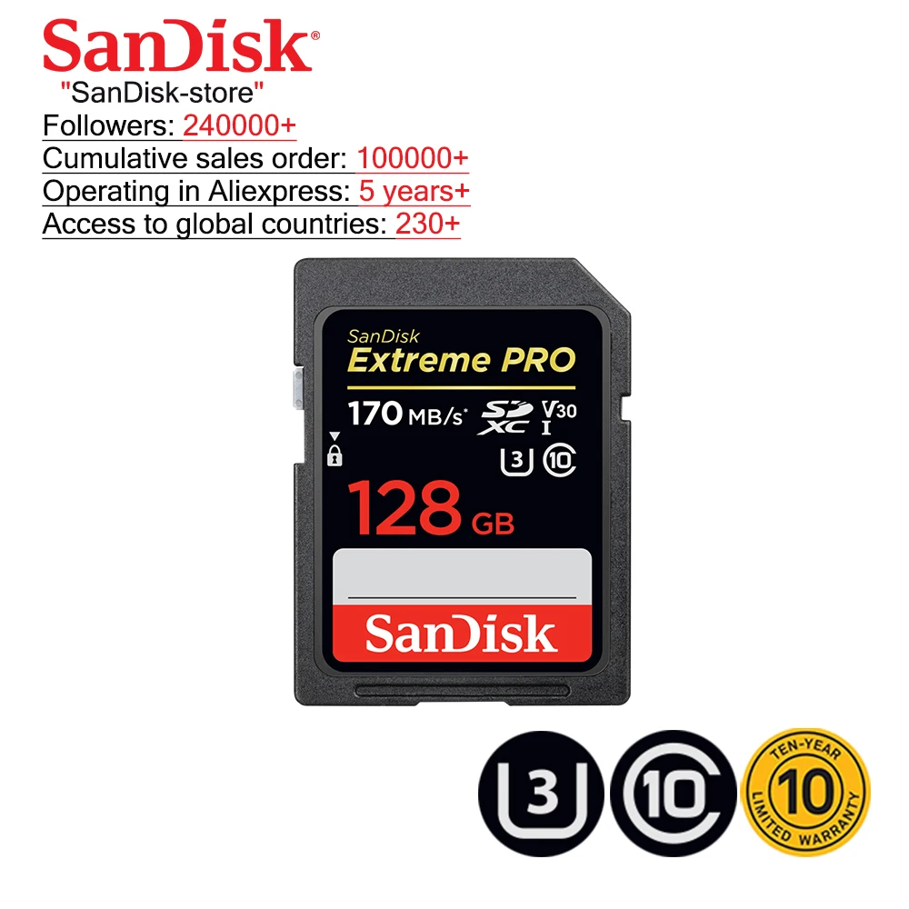Карта памяти SanDisk Extreme Pro SDXC, класс 10, карта памяти 128 Мб/с, SD-карта 32 Гб, SDHC, 95 м/с, 64 ГБ, 256 ГБ, 170 ГБ, ГБ, видео класс 10, поддержка U3, 4K от AliExpress WW