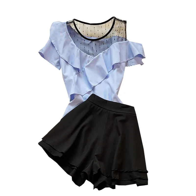

Women Summer Casual College Style Age Reduce Fashion Lace Irregular Hollow Out Shoulder Crop Shirt Top + Wide Leg Short Pants