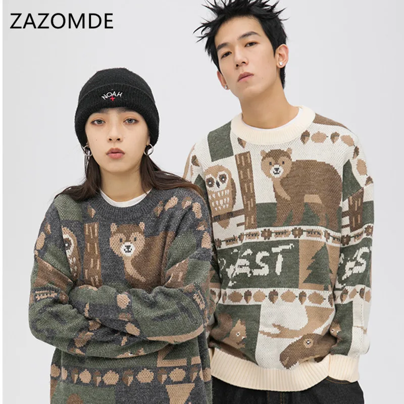 ZAZOMDE Hip Hop Knitted Jumper Couple Sweaters Streetwear Harajuku Autumn High Street Sweaters Loose Fashion Casual Pullovers