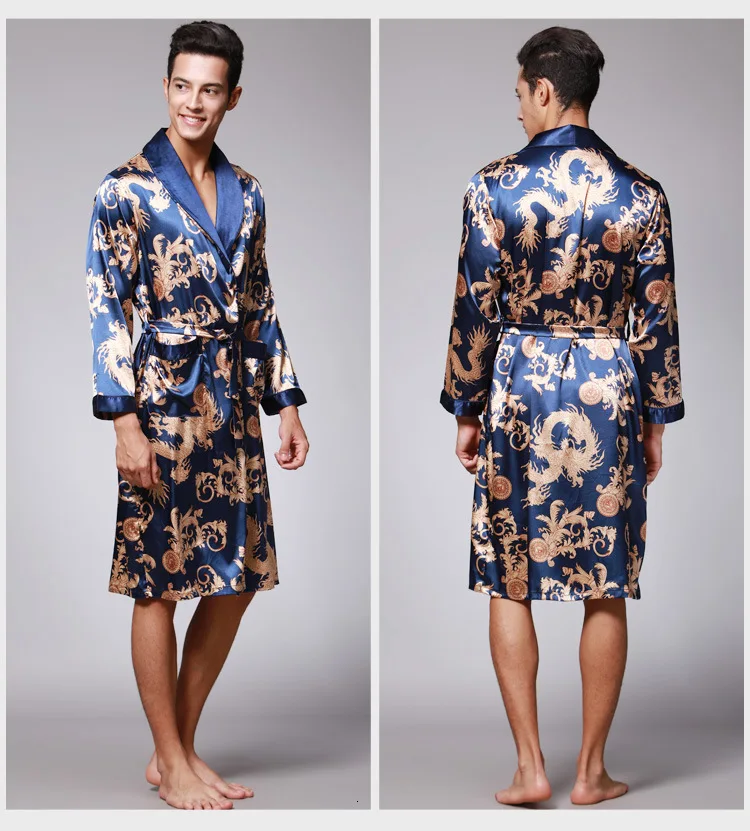 

Sleepwear Robe Men Silk Satin Spring Summer Long Sleeve Pajamas Pyjama Sleep Lounge Wear Dragon Bathrobe Bath Robe Nightwear