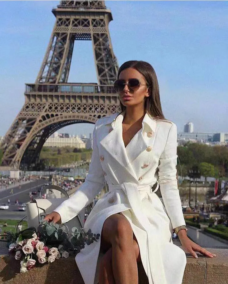 

Women's retro double-breasted white windbreaker women's belt slim long windbreaker women's winter office solid color windbreaker