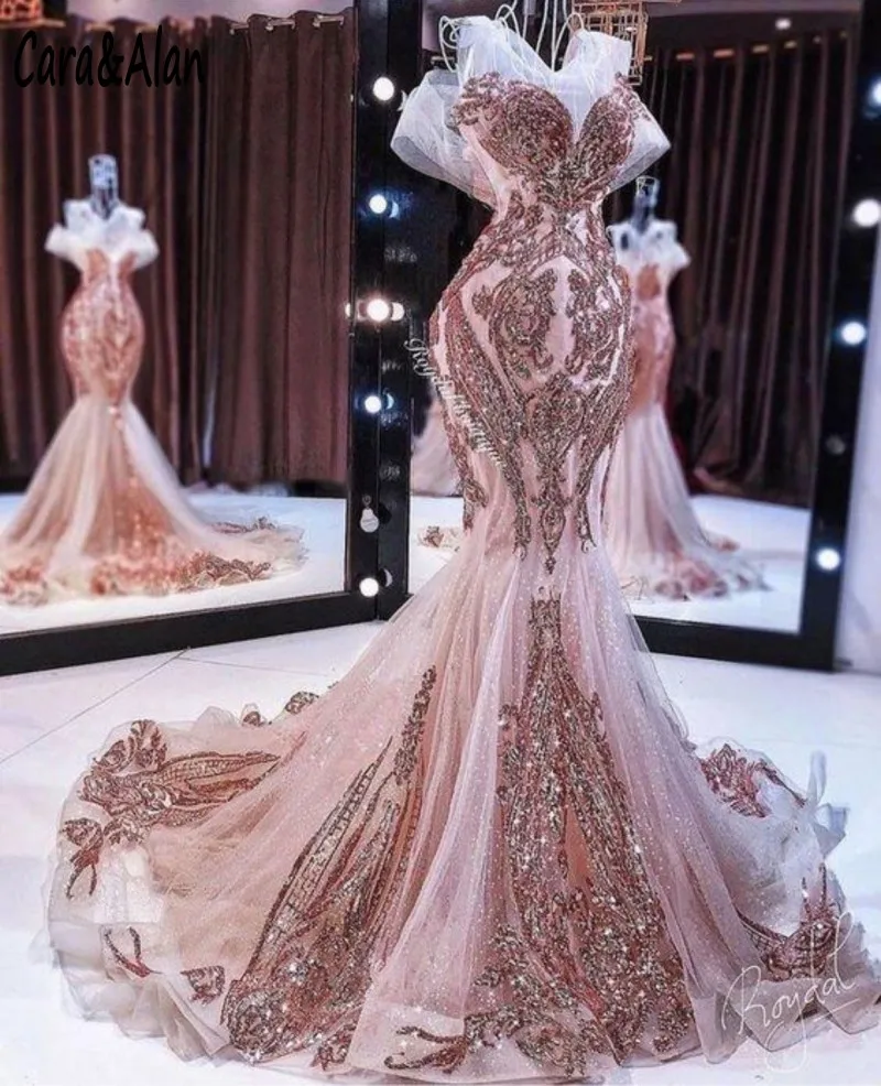 

Rose Gold Evening Dress Mermaid Off the Shoulder Sparkly Sequin Applique Lace Sheer Neck Fishtail Prom Gown robe de soiree