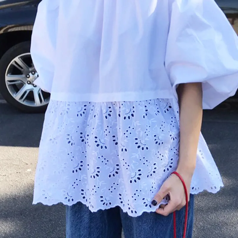 Женская кружевная блузка [EWQ] белая с круглым вырезом и пышными рукавами ажурная