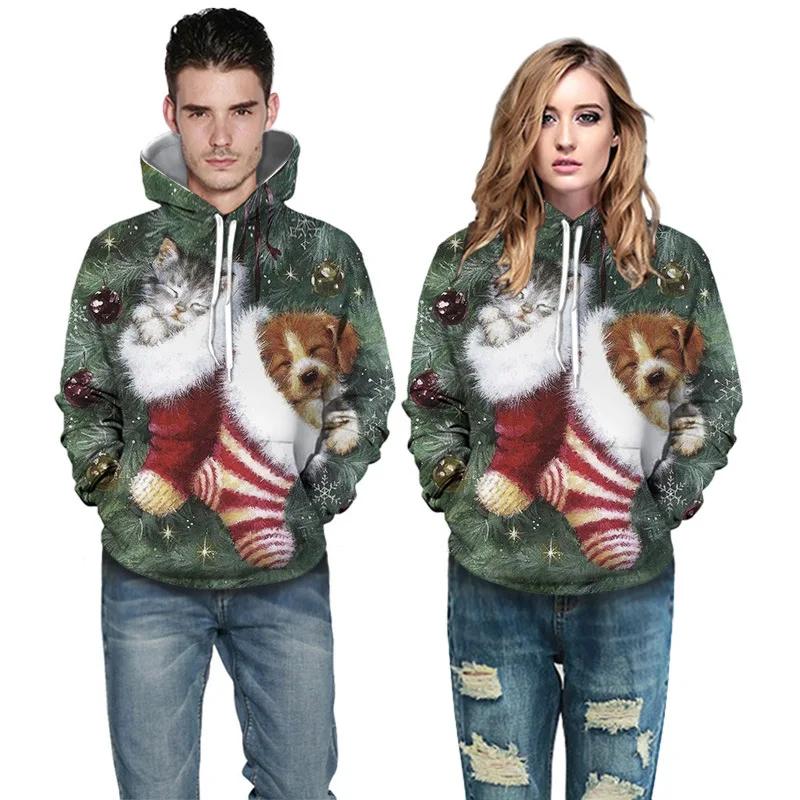 

2019 European and American digital printing 3d hoodie Christmas cat lovers hoodie