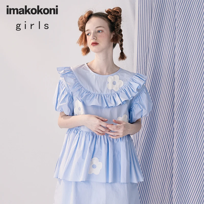 

Оригинальный дизайн, синее кружевное платье imakokoni из чистого хлопка с короткими рукавами, милое платье принцессы, женское весенне-летнее