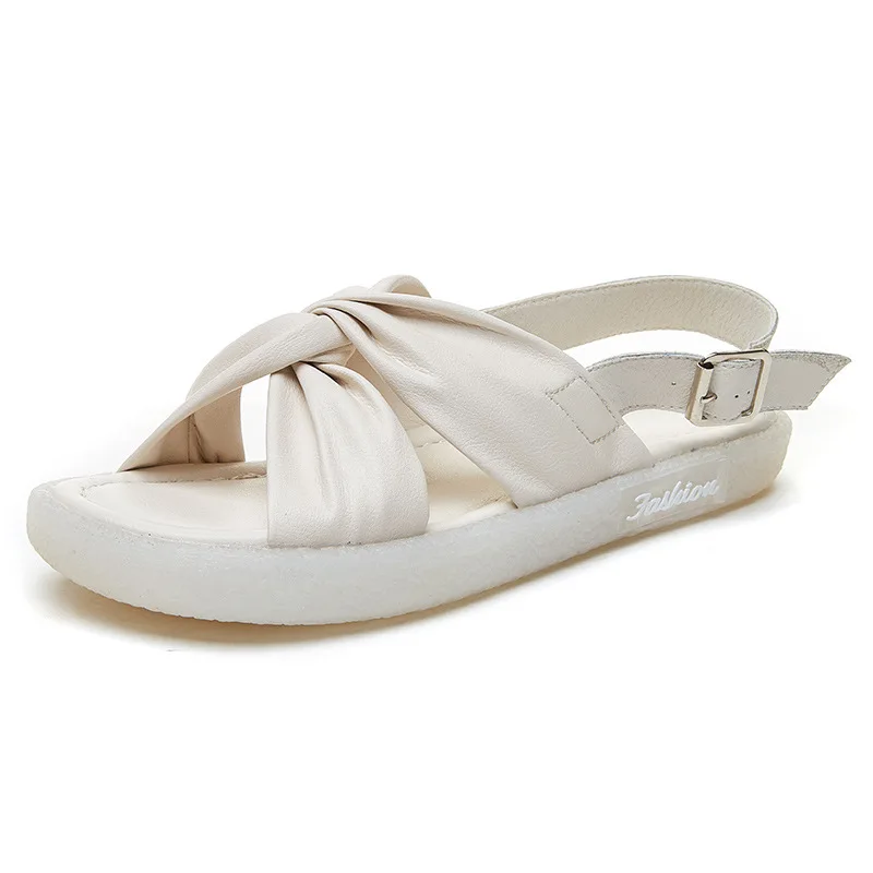 

2021 Genuine Leather Butterfly Knot Hollow Flat Women Shoes Fashion Casual Summer Ankle Strap Buckle Platform Female Sandals