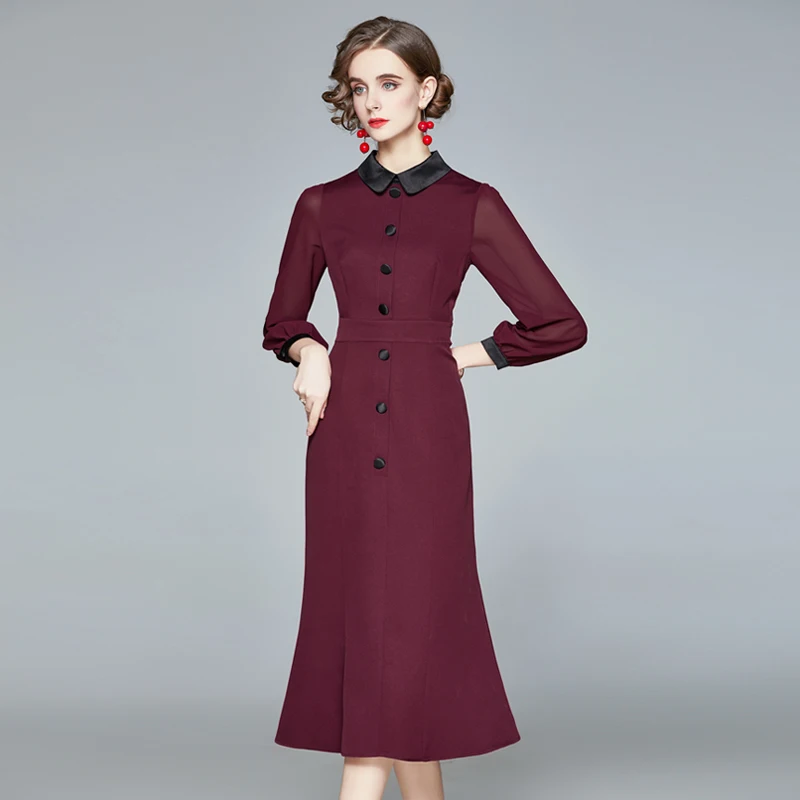 

JSXDHK элегантный взлетно-посадочной полосы для женщин Русалка Вечерние Платье на весну в стиле «Питер Пэн» с воротником с оборками Bodycon тонки...