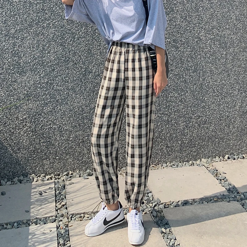 

green Plaid high waist pants trousers women sweatpants harajuku joggers Elastic Waist Harem Pants 2020 summer