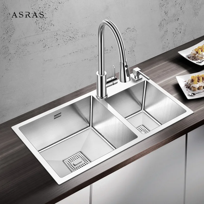 ASRAS 7843A кухонная раковина с двойной чашей над столешницей или ударопрочной