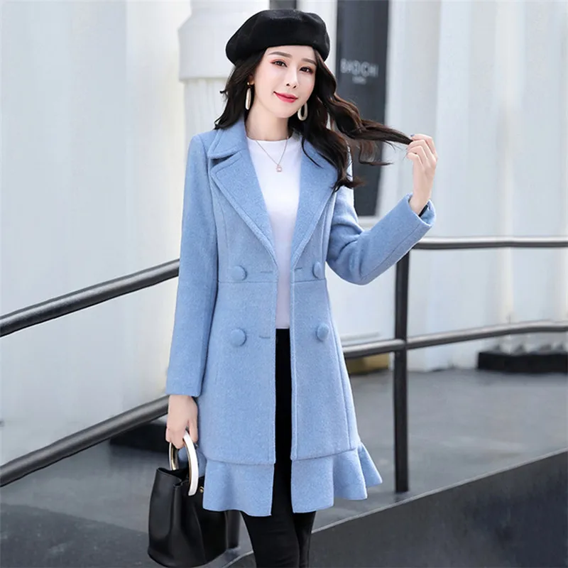 Шерстяное пальто для женщин 2019 осенне-зимнее новое однотонное розовое синее