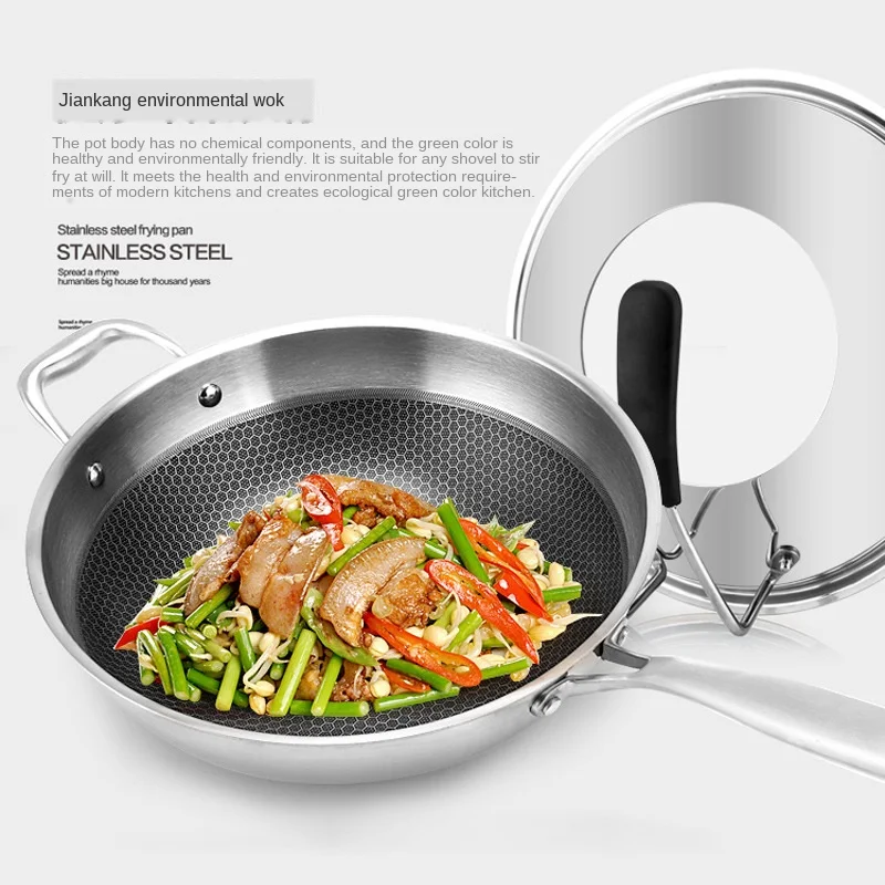 

Stainless Steel Wok Household Korean Style No Oil Fume Uncoated Three-layer Steel Flat Bottom Non-stick Pan Easy To Clean
