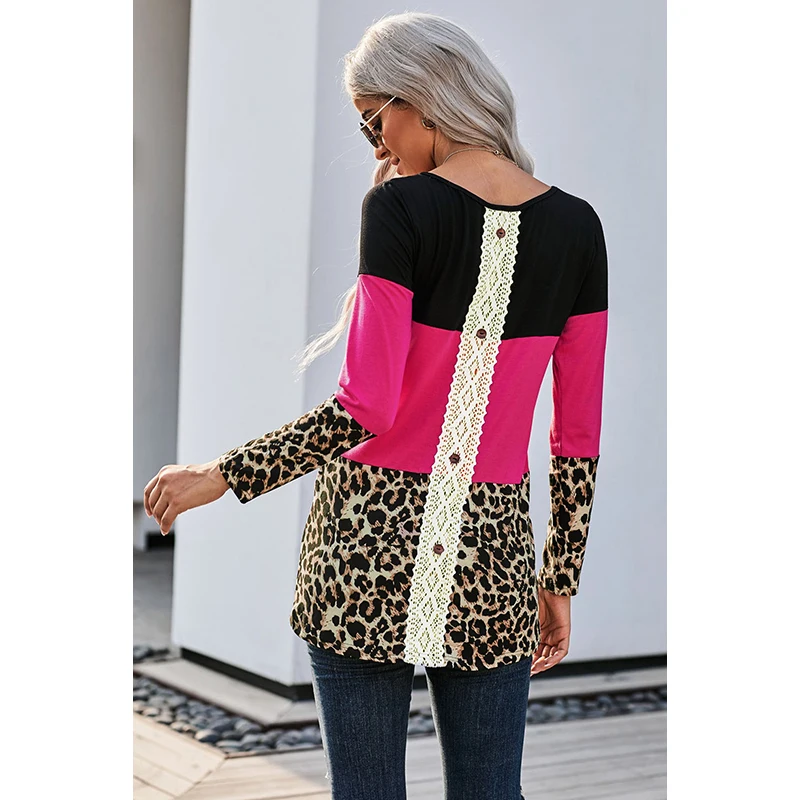 

2020 Harajuku Plus Size Red Colorblock Leopard Triple Patchwork Long Sleeve Top Mujer Camisetas Woman Oversized Tshirts 2XL