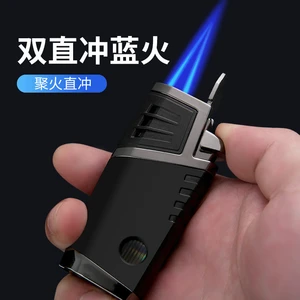 Double Straight Flame Gas Lighter Windproof Metal Butane Torch Lighter Smoking Set Cigar Gadget Mens Exquisite Gift