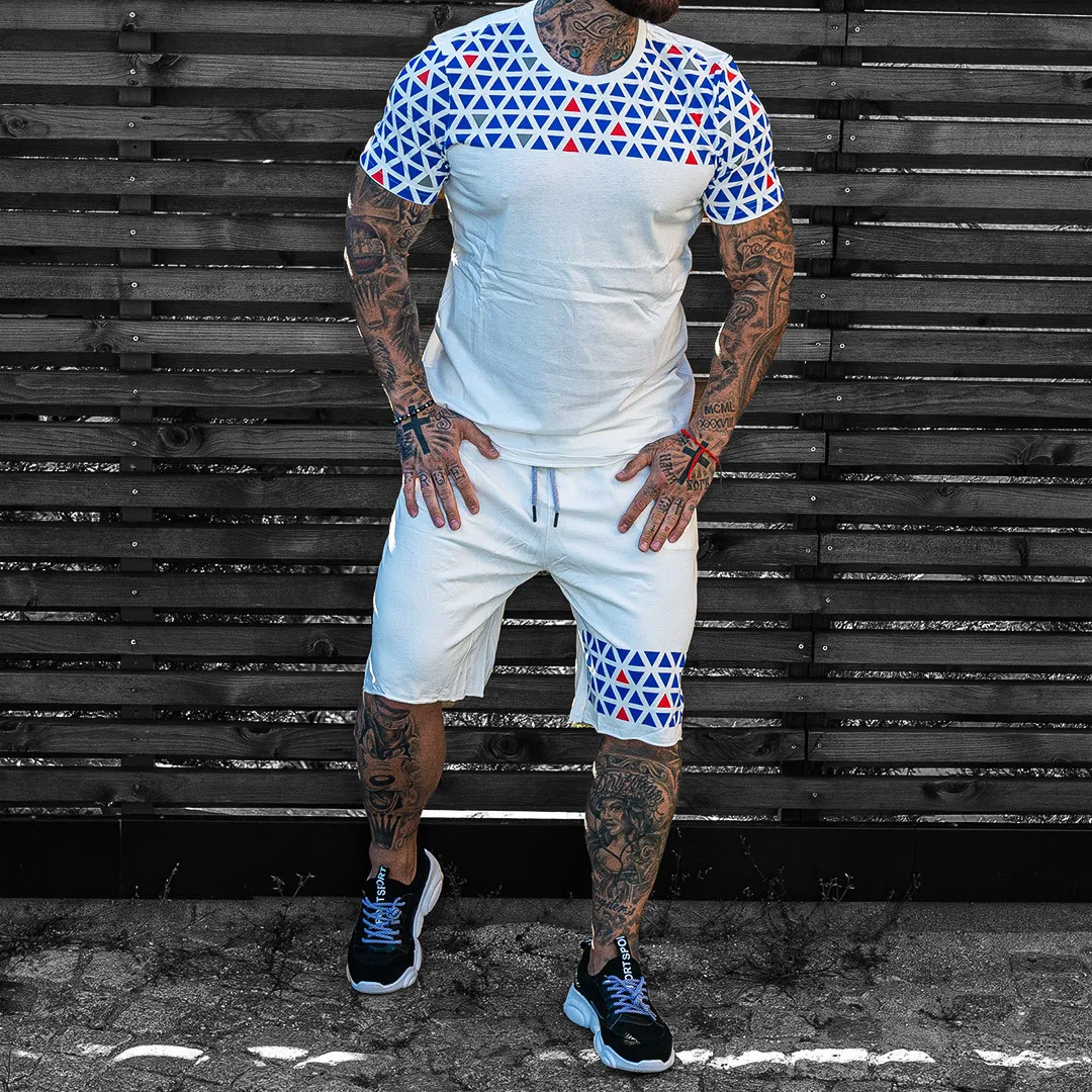 

Mens Fitness Set 2021 Summer Men Short Sets Colorblock T Shirt Shorts Set Male Fashion Casual Patchwork Sportswear Gym Tracksuit