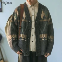men cardigan autumn male outwear mens sweaters v neck argyle retro japanese trendy all match casual cozy ulzzang preppy chic ins