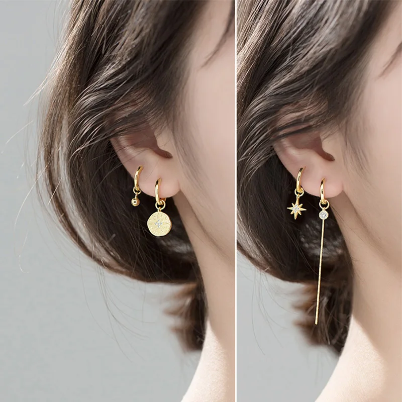 925 Sterling Silver Circle Round Star Drop Earrings for Women Asymmetry Zircon Tassel Chain Simple Hoop Fine Jewelry | Украшения и