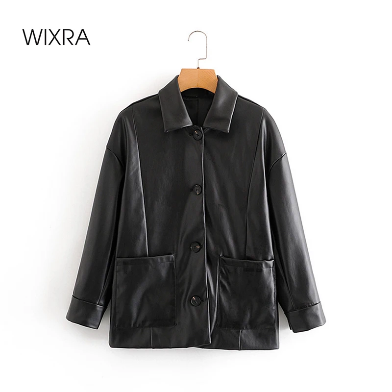 

Wixra New Fashion Fake Faux Leather Jackets Lady Elegant Loose Single Breasted Autumn Winter Pockets PU Street Coats