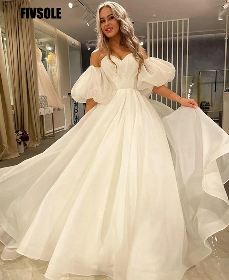 

Fivsole 2021 New Design A Line Simple Advanced Wedding Dress Pleat Organza Puff Sleeves Bridal Gowns Sweetheart Vestido De Noiva