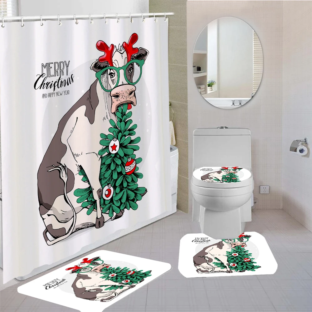 3D Cartoon Cattle Print Bath Curtain Toilet Lid Cover Bath Rug Mat Sets 4 Piece Christmas Tree Shower Curtain With 12 Hooks enlarge